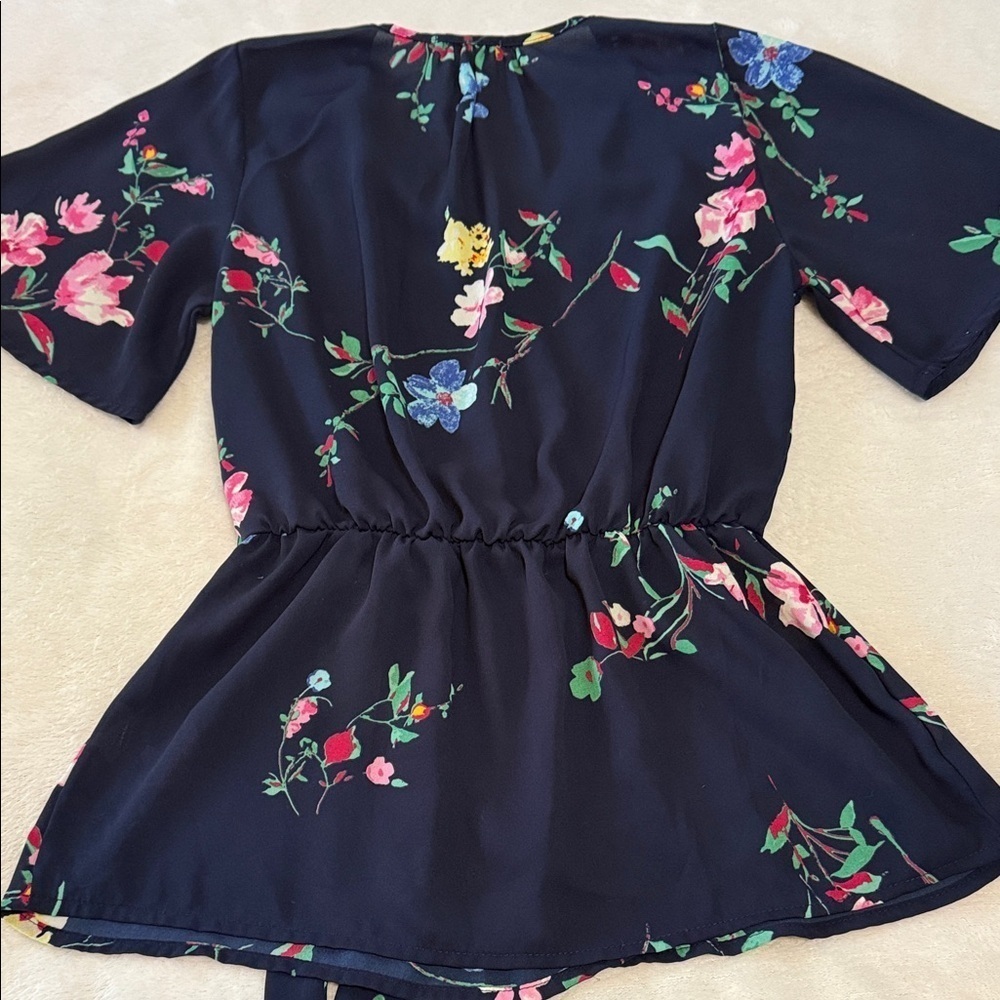 Sienna Sky Navy Blue Multicolored Floral Print Faux Wrap Top - Picture 11 of 11